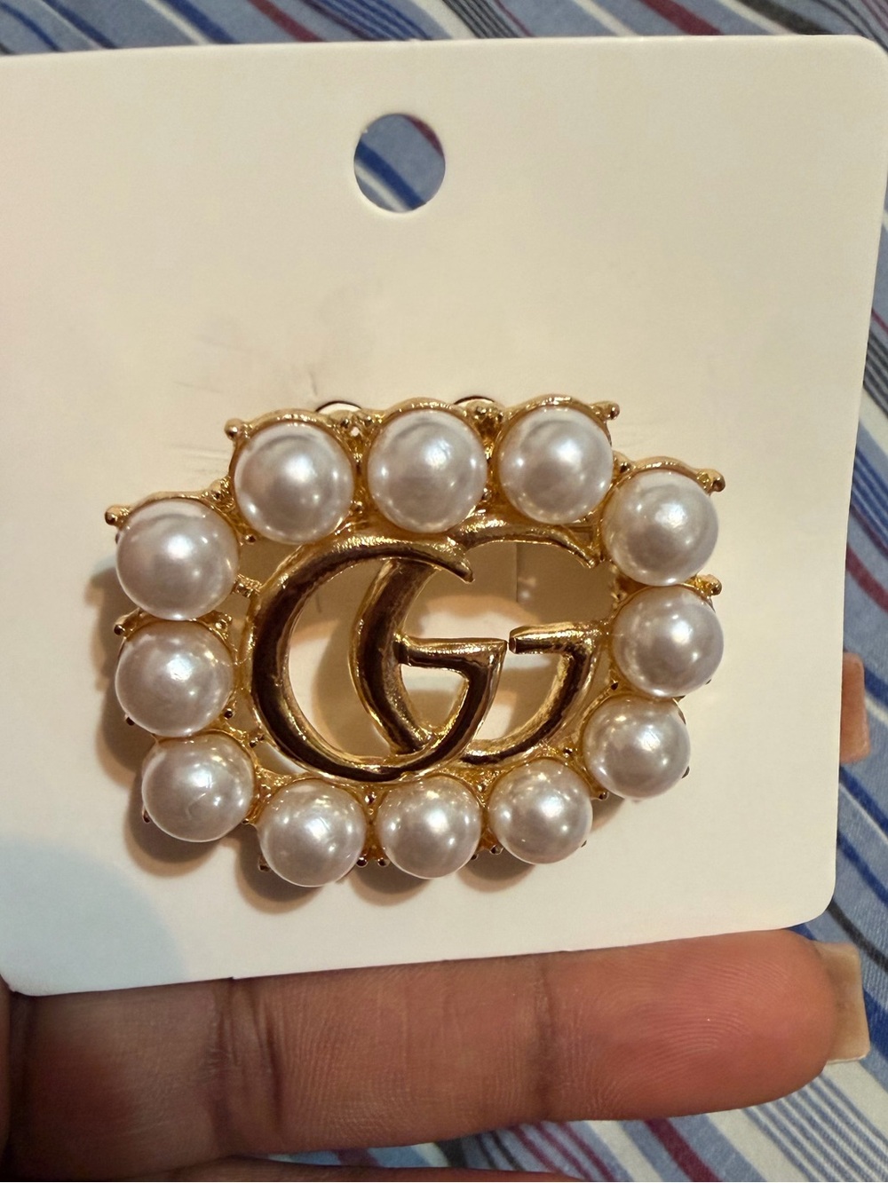 Gold Pearl Double-G Brooch